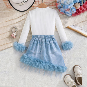 Girls White Textured Long Sleeve Top With Denim Skirt Sets 2 pc. Sets