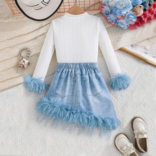 Girls White Textured Long Sleeve Top With Denim Skirt Sets 2 pc. Sets