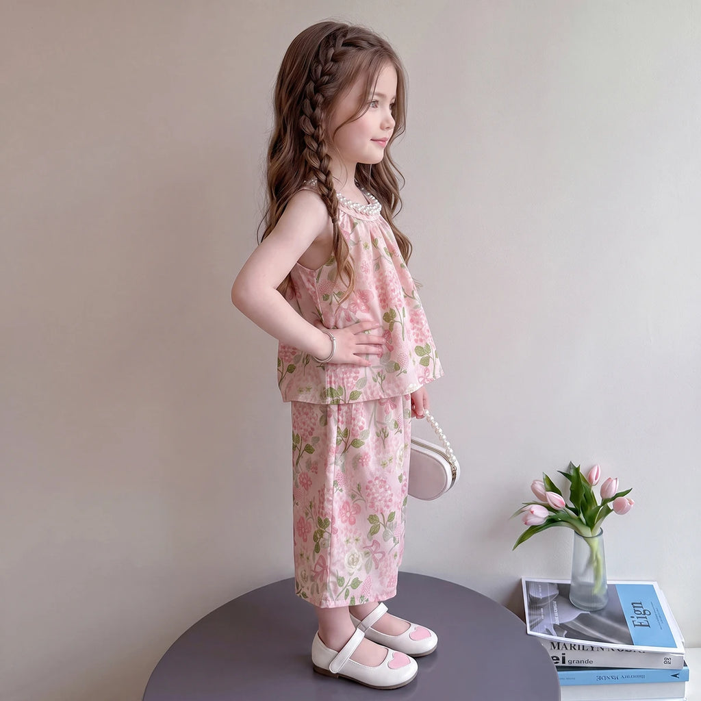 Girls Pink Sleeveless Floral Print Top With Pants Sets 2 pc. Sets