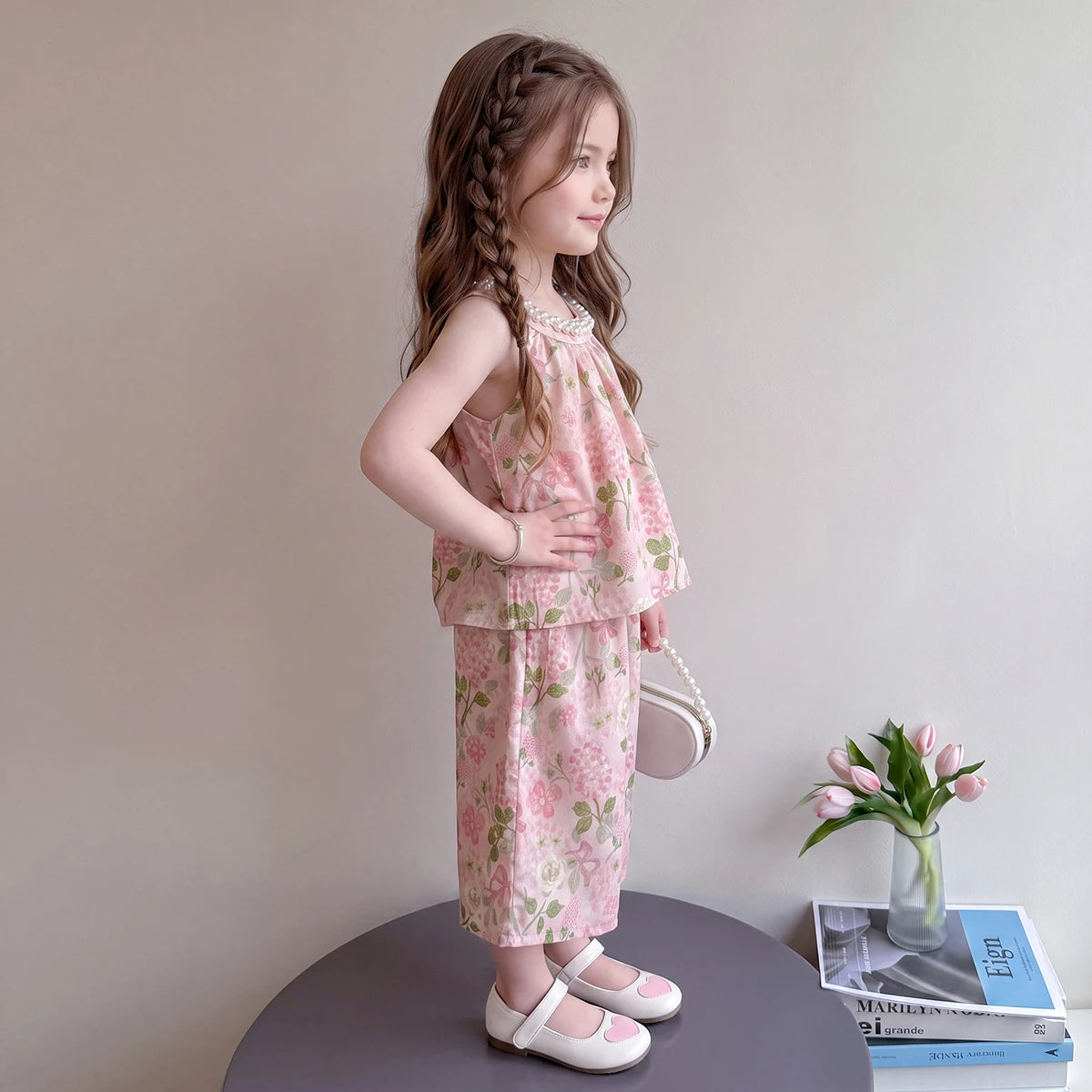 Girls Pink Sleeveless Floral Print Top With Pants Sets 2 pc. Sets