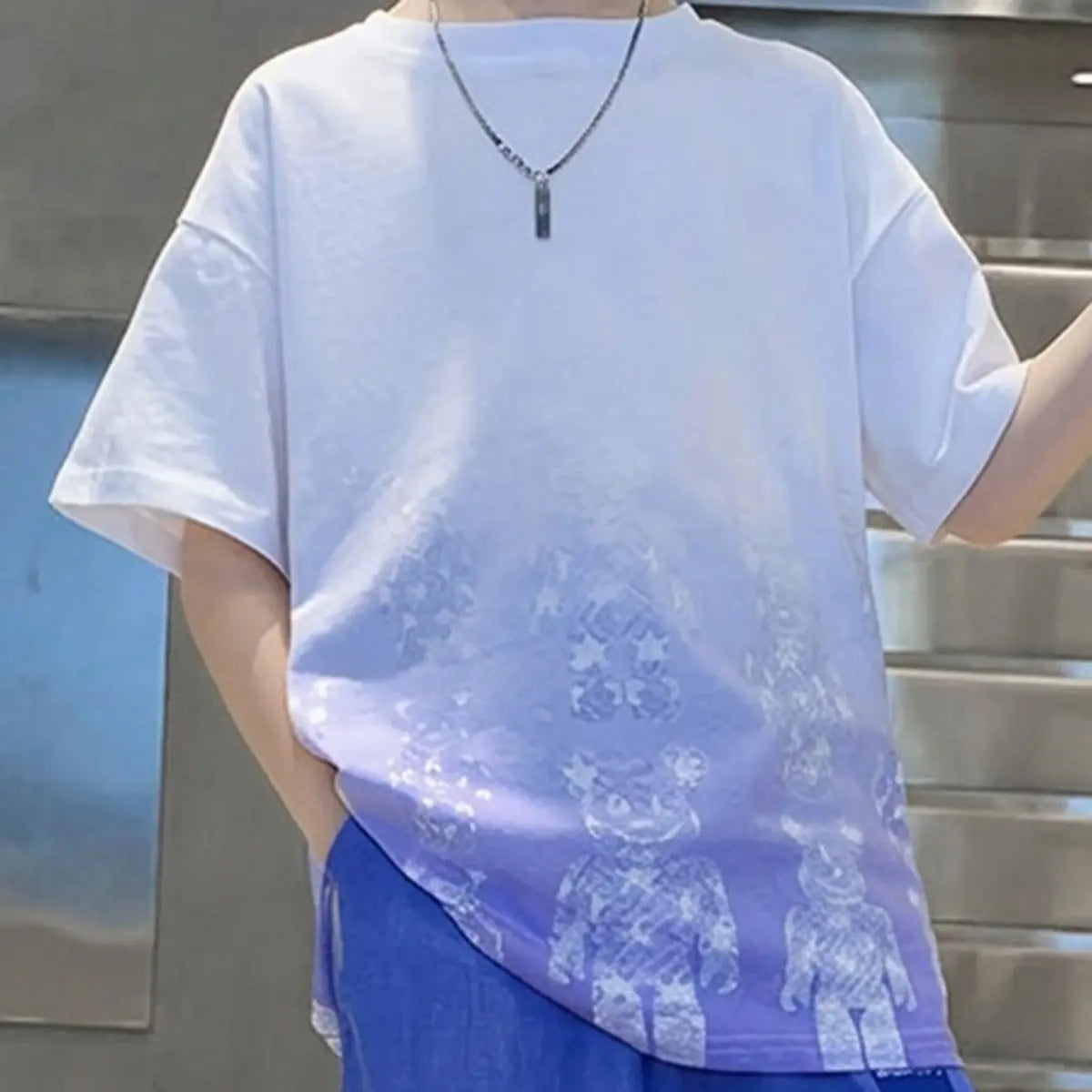 Boys Light Blue Bear Print Drop Shoulder T-Shirt With Jogger Sets Sets