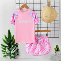 Girls Pink Abstract Printed Long Sleeves T-Shirt & Shorts Swimsuit Sets Sets Pink 7-8 Y