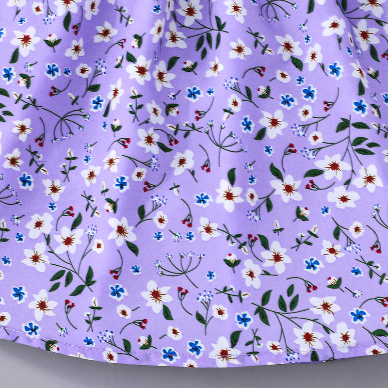 Girls Purple Floral Printed Puff Sleeves Dress Casual Dresses