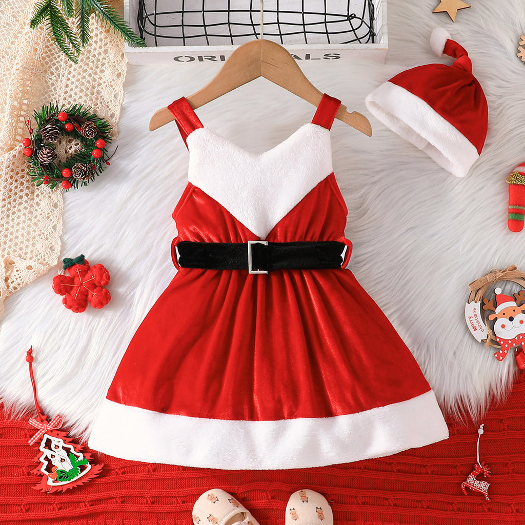 Girls Red Velveteen Sleeveless Christmas Santa Dress with Cap & Belt Party Dresses Red 1-2 Y