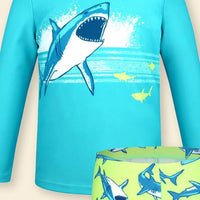 Boys Light Blue Shark Printed Long Sleeves T-Shirt & Shorts Swimsuit Sets Sets