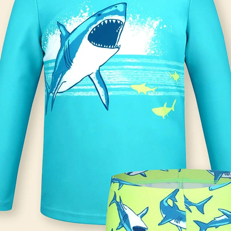 Boys Light Blue Shark Printed Long Sleeves T-Shirt & Shorts Swimsuit Sets Sets