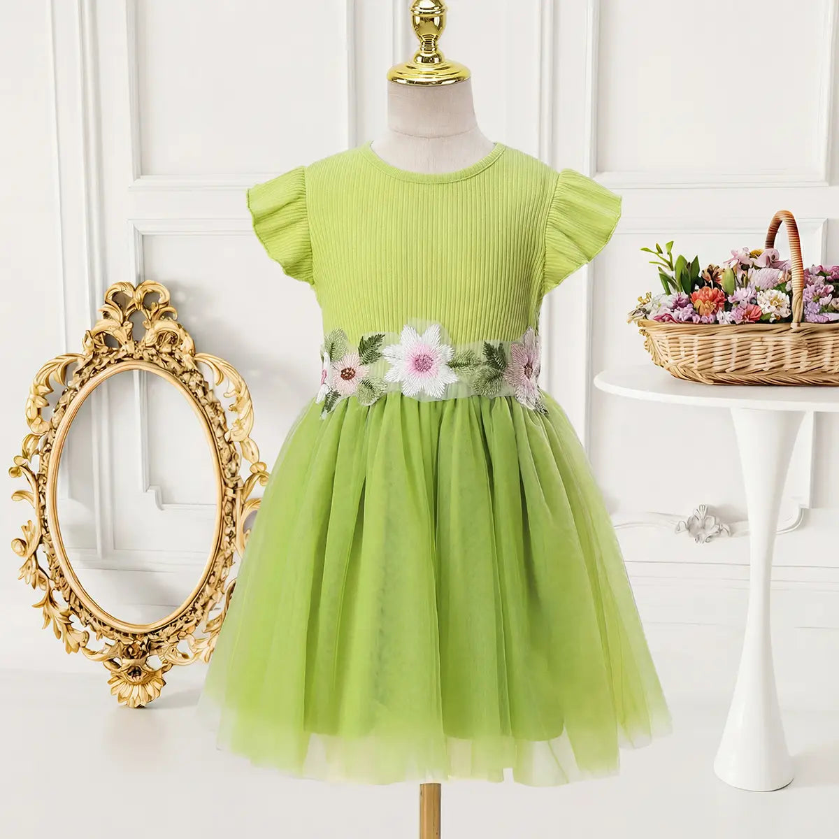 Girls Green Flutter Sleeves Fit & Flare Dress With Embroidered Waistline Casual Dresses Green 3-4 Y