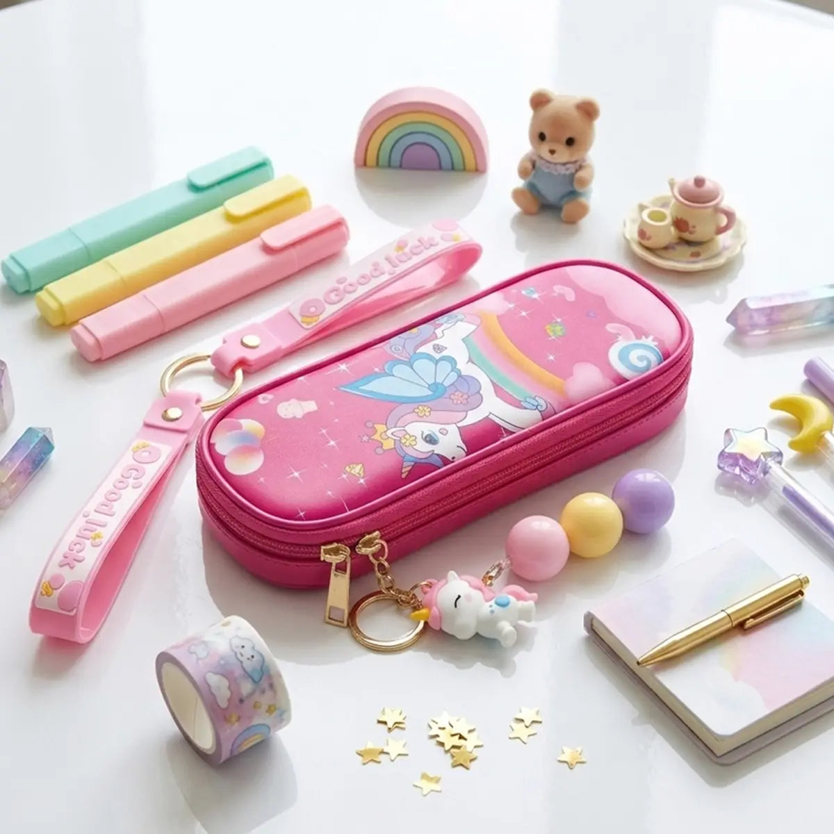Dark Pink Unicorn Pencil Case with Keychain Trending Accessories