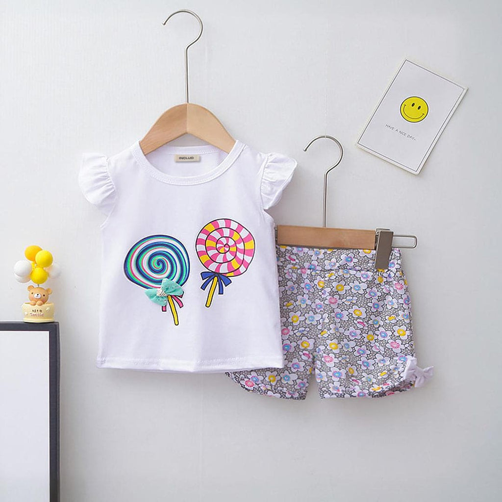 Girls Graphic Print Top With Printed Shorts Set