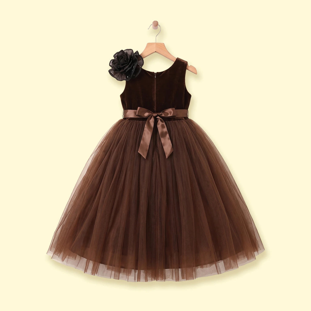 Girls Brown Floral Applique Fit & Flare Party Dress Party Dresses