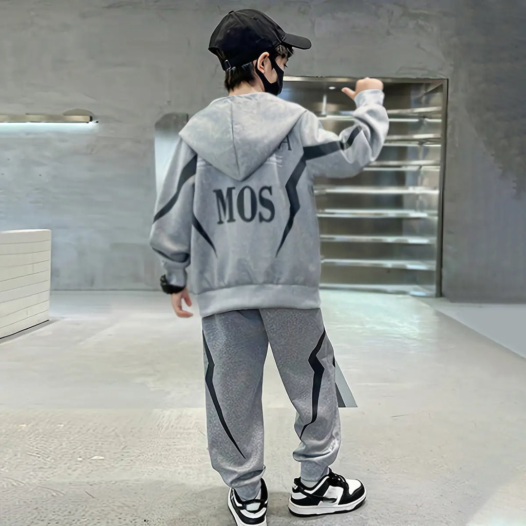 Boys Grey Typographic Printed Hooded Sweatshirt With Jogger Sets Sets