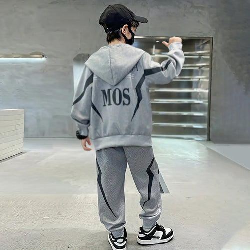 Boys Grey Typographic Printed Hooded Sweatshirt With Jogger Sets Sets