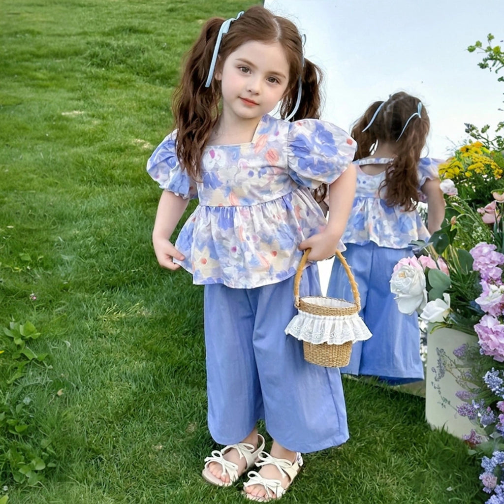 Girls Blue Floral Print Puff Sleeve Top With Pants Sets Sets Blue 1-2 Y