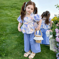 Girls Blue Floral Print Puff Sleeve Top With Pants Sets Sets Blue 1-2 Y