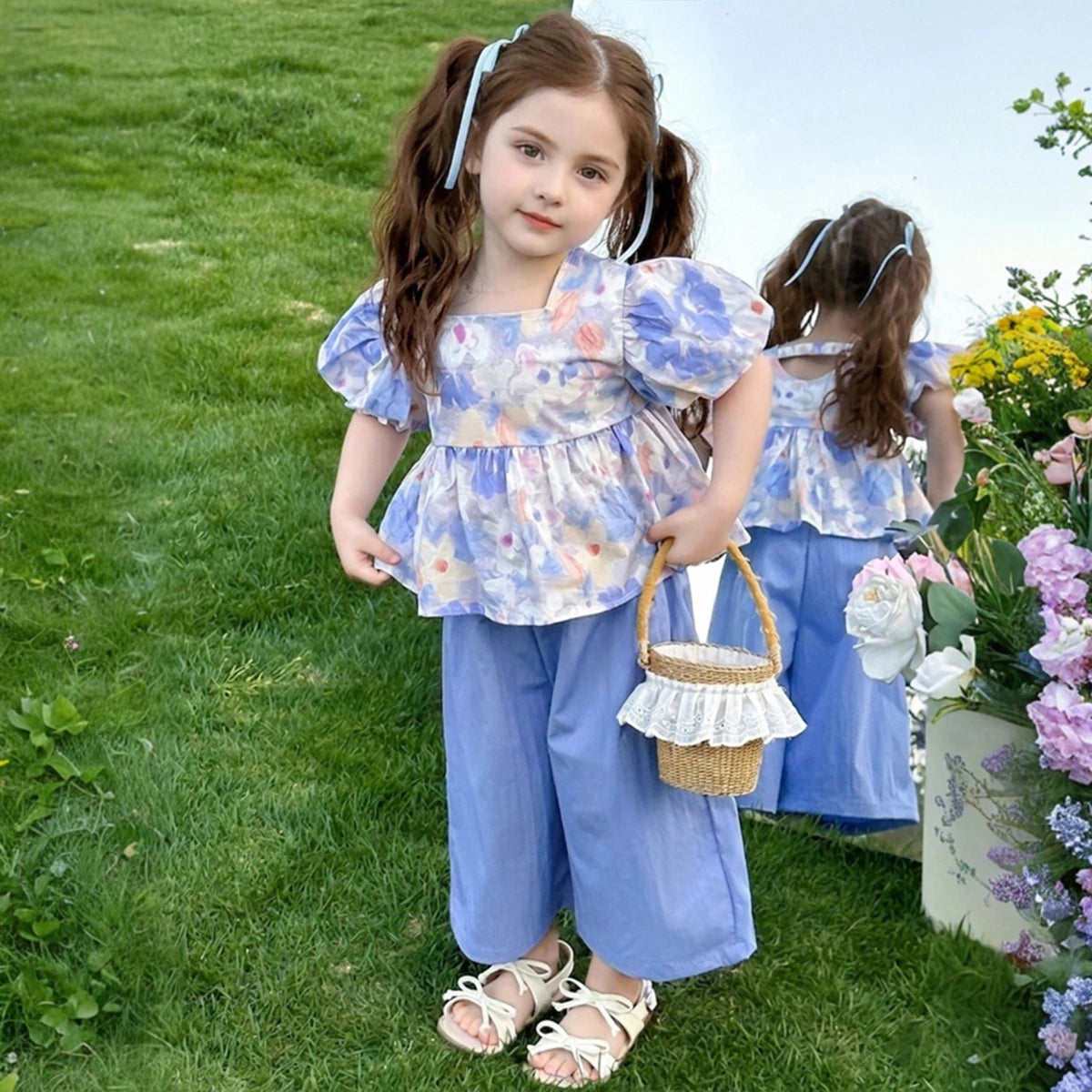 Girls Blue Floral Print Puff Sleeve Top With Pants Sets Sets Blue 1-2 Y