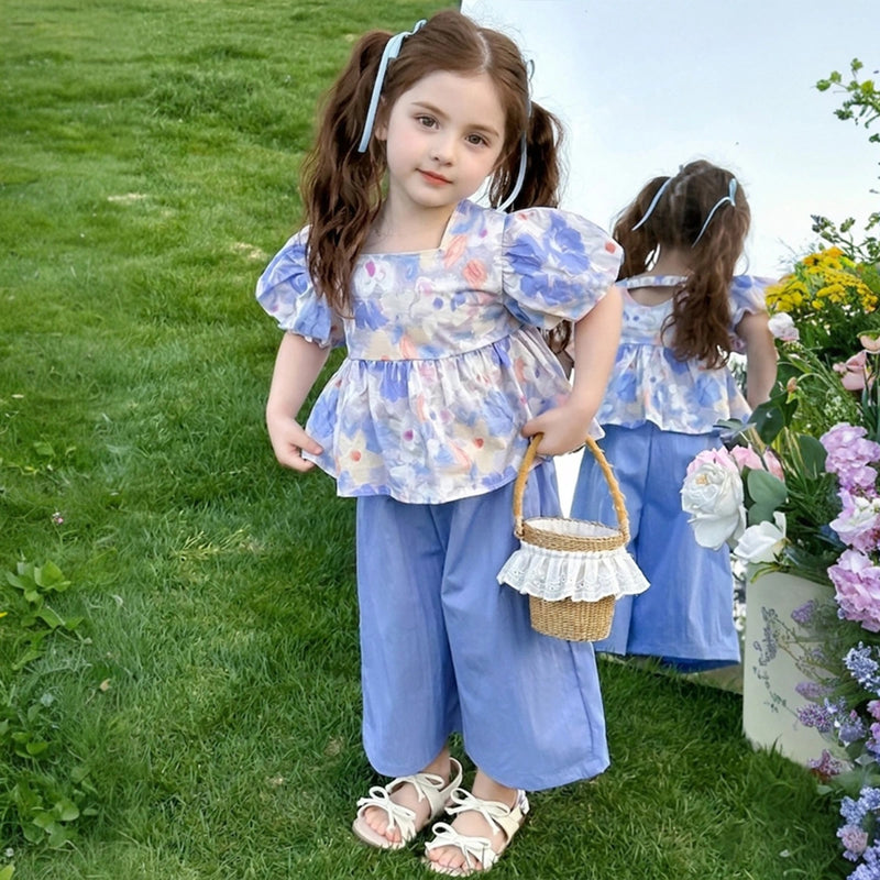 Girls Blue Floral Print Puff Sleeve Top With Pants Sets Sets Blue 1-2 Y
