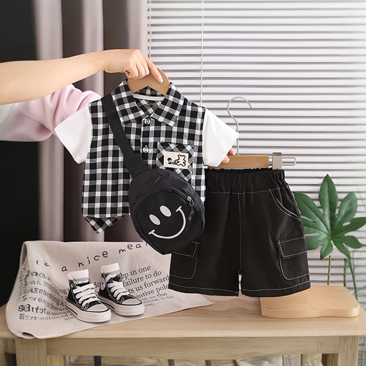Boys Black Checked Shirt With Shorts & Sling Bag Sets Sets Black 1-2 Y