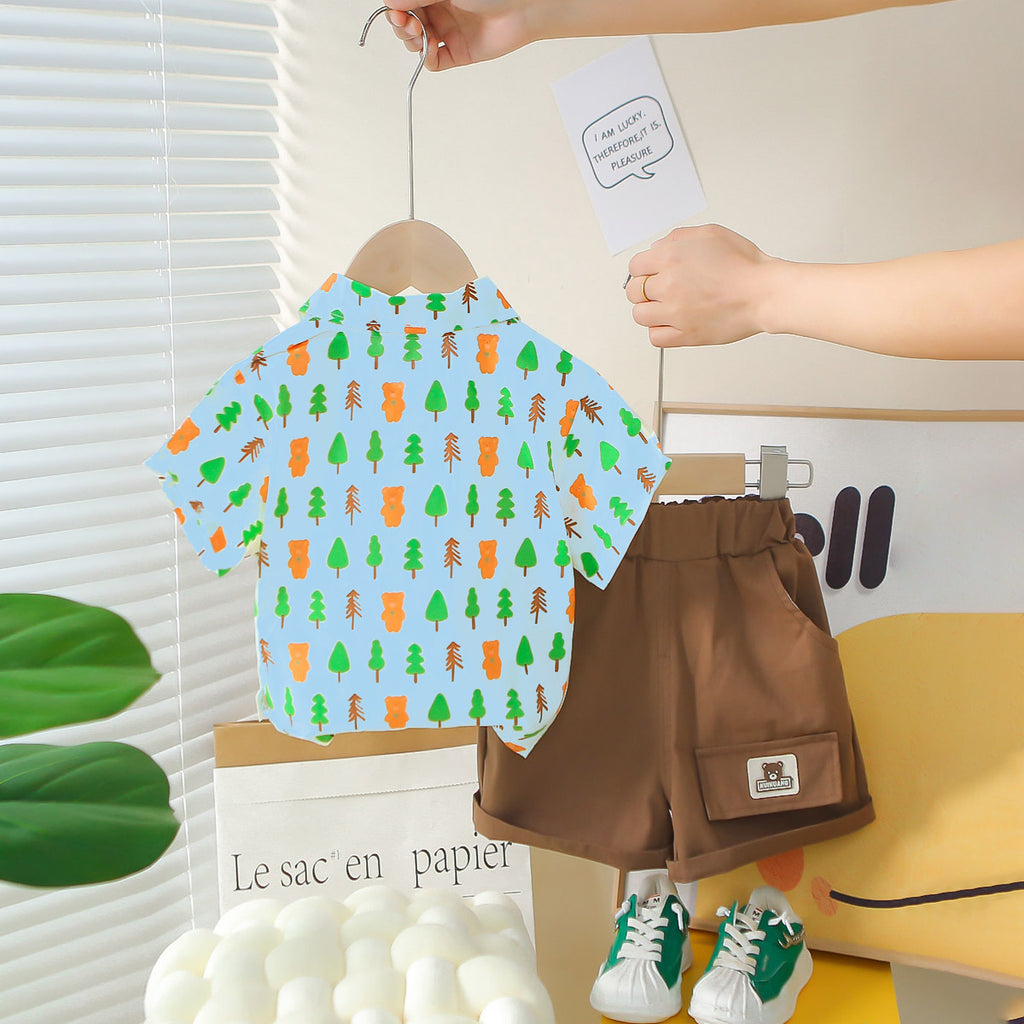 Boys Blue Printed Short Sleeves Shirt With Shorts Set 2 pc. Sets
