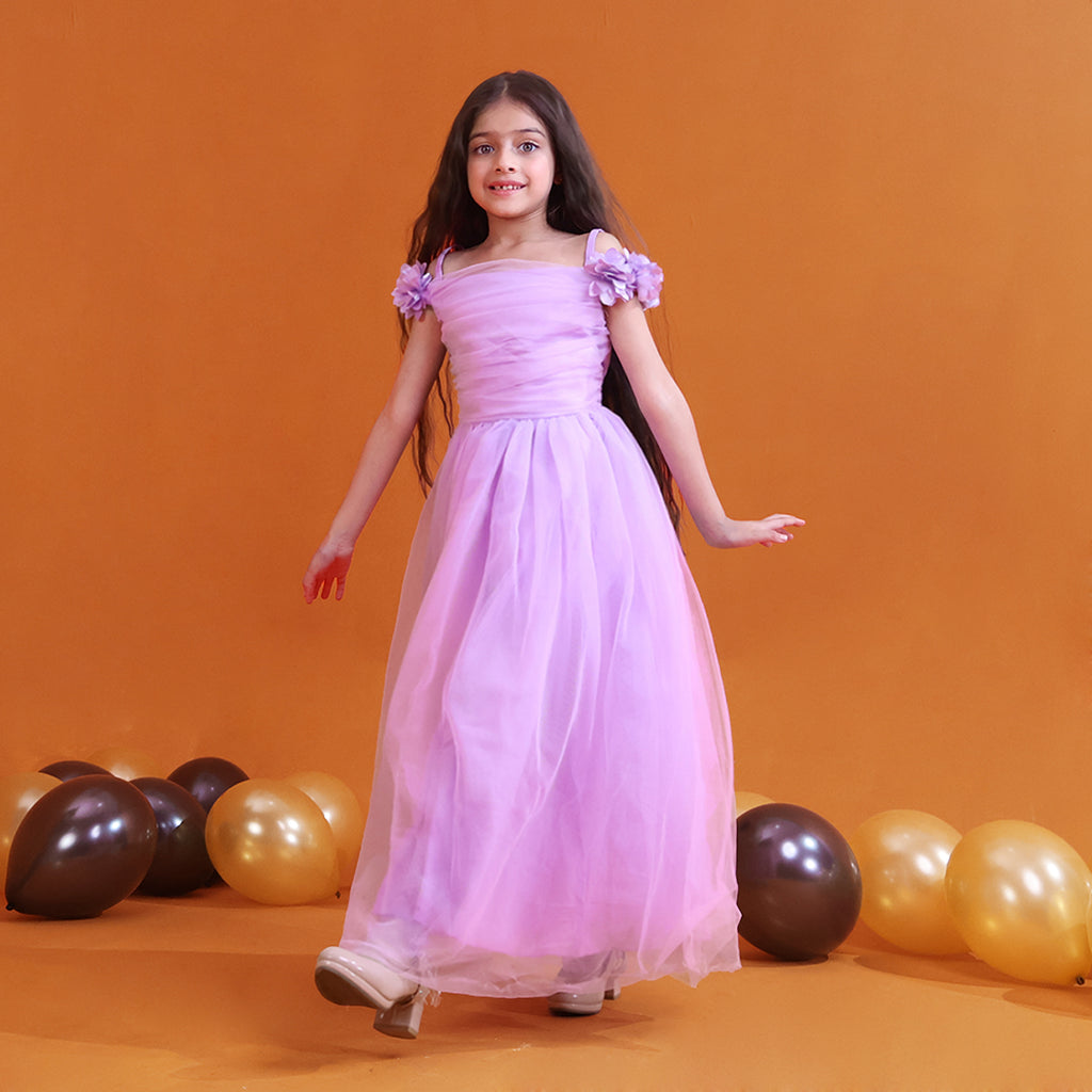 Girls Lavender Gathered Off-Shoulder Tulle Party Gown Party Dresses