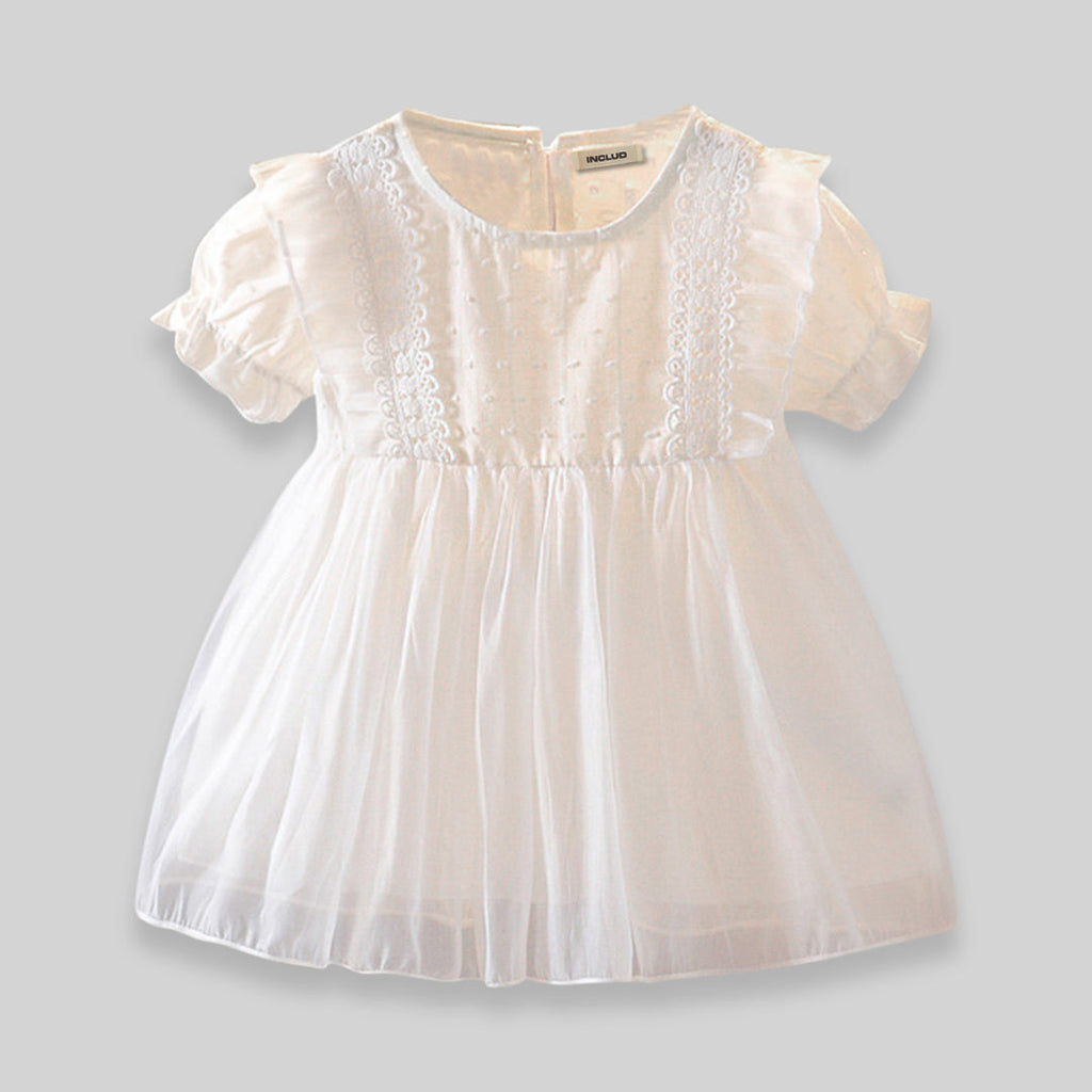 Girls White Round Neck Self Design Puff Sleeves Dresses Casual Dresses   