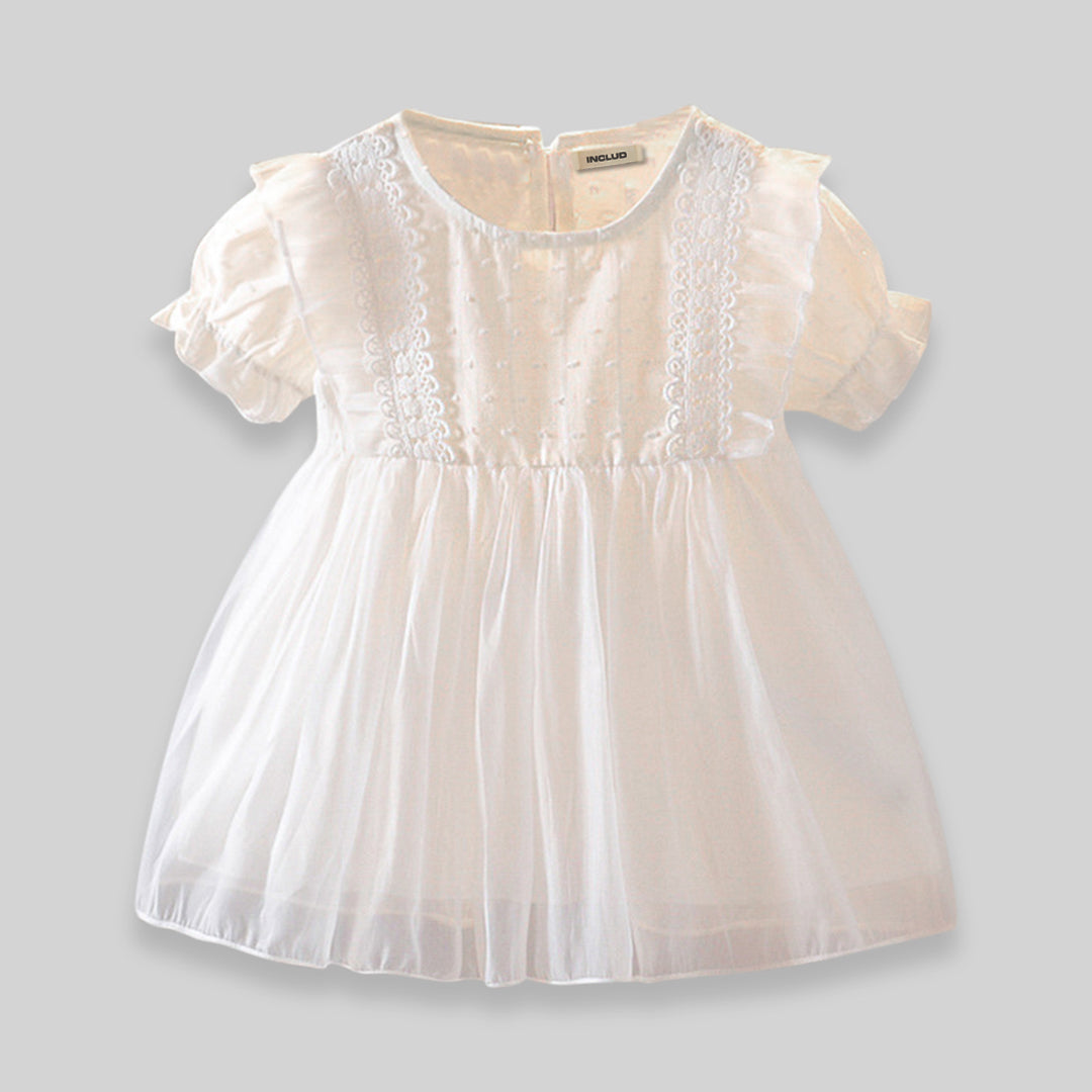 Girls White Round Neck Self Design Puff Sleeves Dresses Casual Dresses   