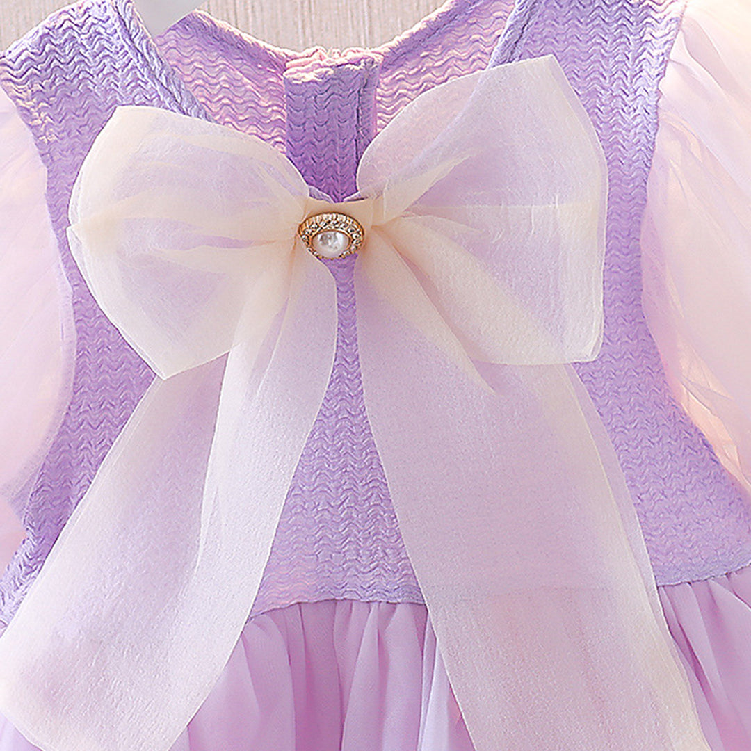 Girls Dress with Puffed Sleeves and Bow Casual Dresses   