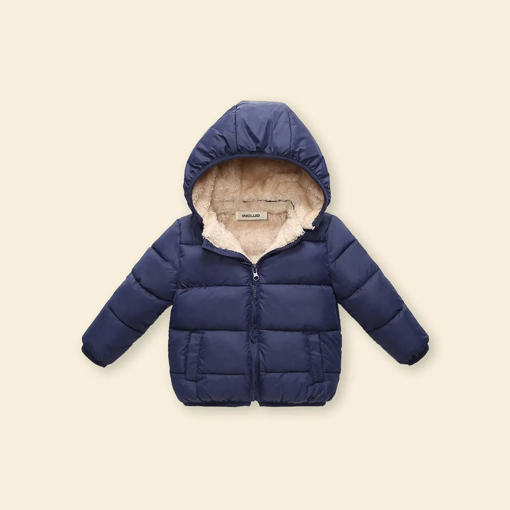 Boys Navy Blue Hooded Puffer Jacket With Sherpa Fleece Lining Coats & Jackets Navy Blue 1-2 Y