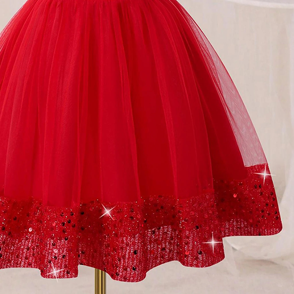 Girls Red Sequins Embellished Puff Sleeve Fit & Flare Party Dress Party Dresses