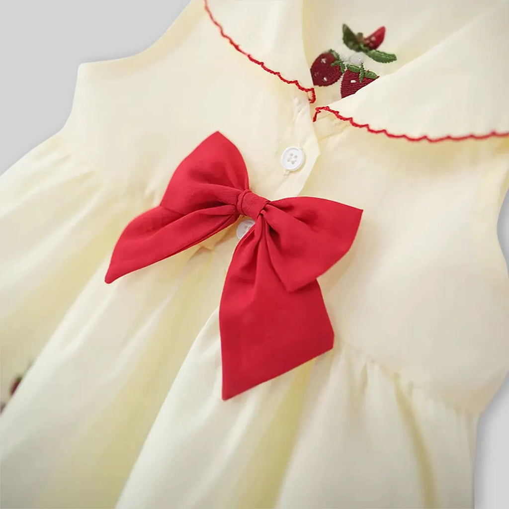 Girls Cream Strawberry Embroidered Sleeveless Fit & Flare Dress Casual Dresses