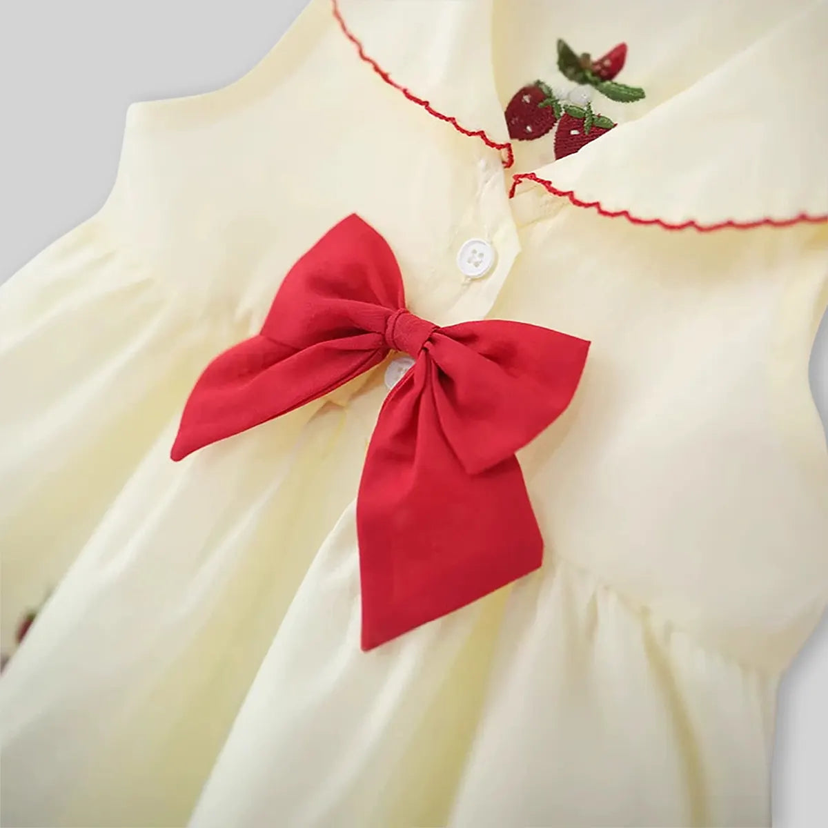 Girls Cream Strawberry Embroidered Sleeveless Fit & Flare Dress Casual Dresses
