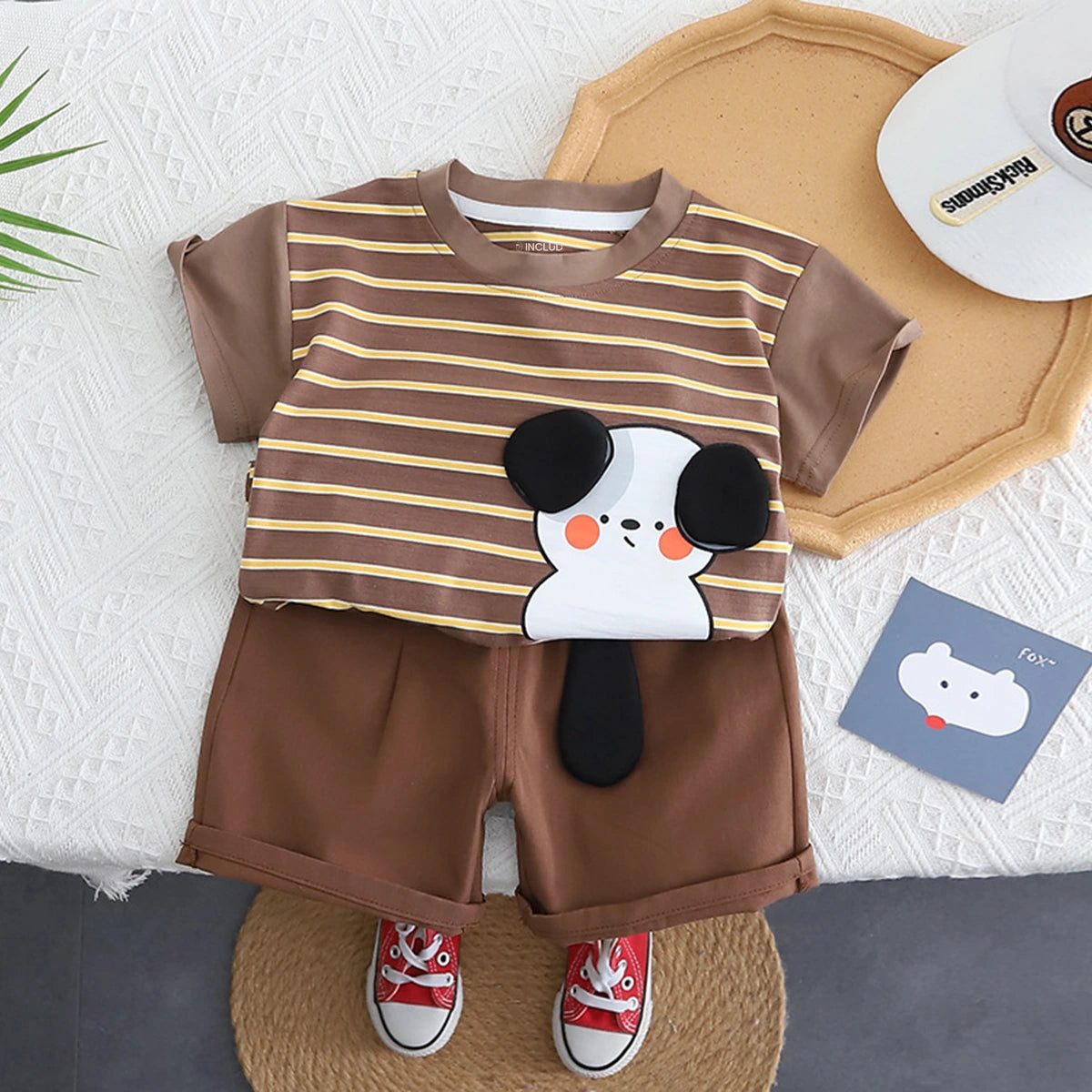 Boys Light Brown Dog Motif Striped Short Sleeve T-Shirt With Shorts Sets 2 pc. Sets Light Brown 1-2 Y