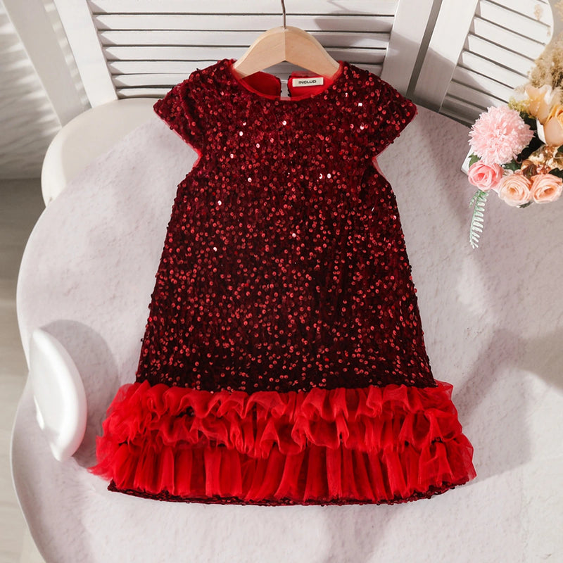 Girls Maroon Sequin Embellished A-line Party Dress Party Dresses Maroon 3-4 Y