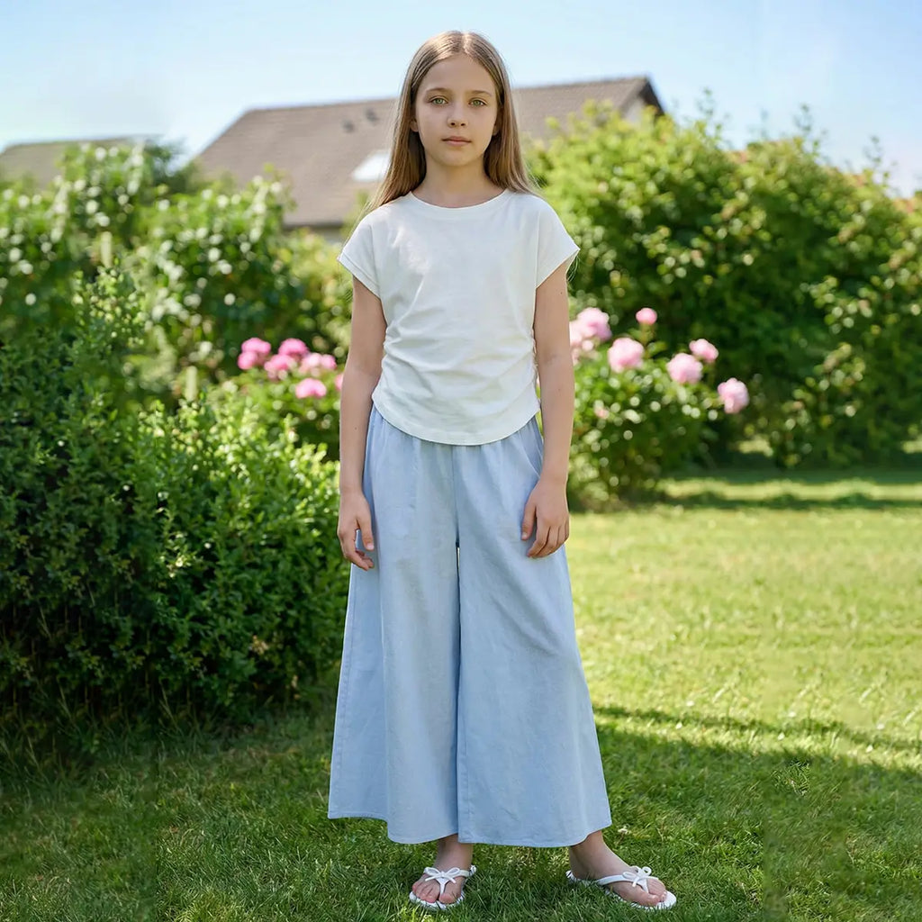 Girls Solid Short Sleeves Ruched Top With Sky Blue Wide -Leg Pant Sets Sets Sky Blue 5-6 Y