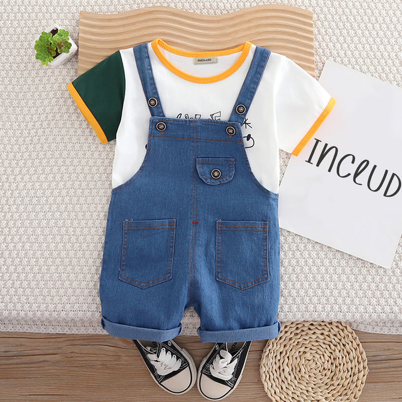 Boys White Short Sleeves Round Neck T-Shirt With Denim Dungaree Set 2 pc. Sets