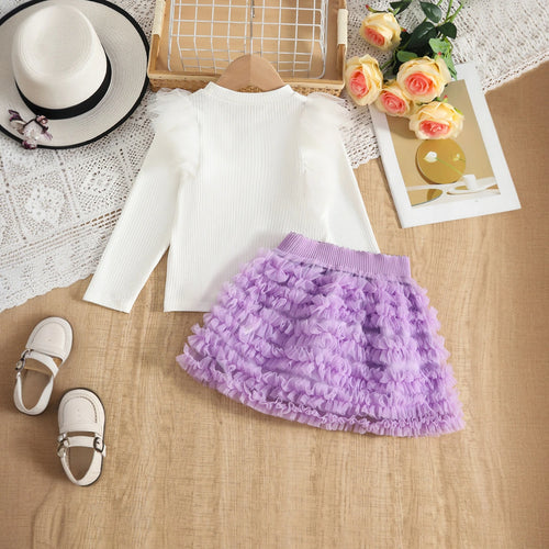 Girls Long Sleeves Top With Purple Tulle Ruffled Skirts Set Sets