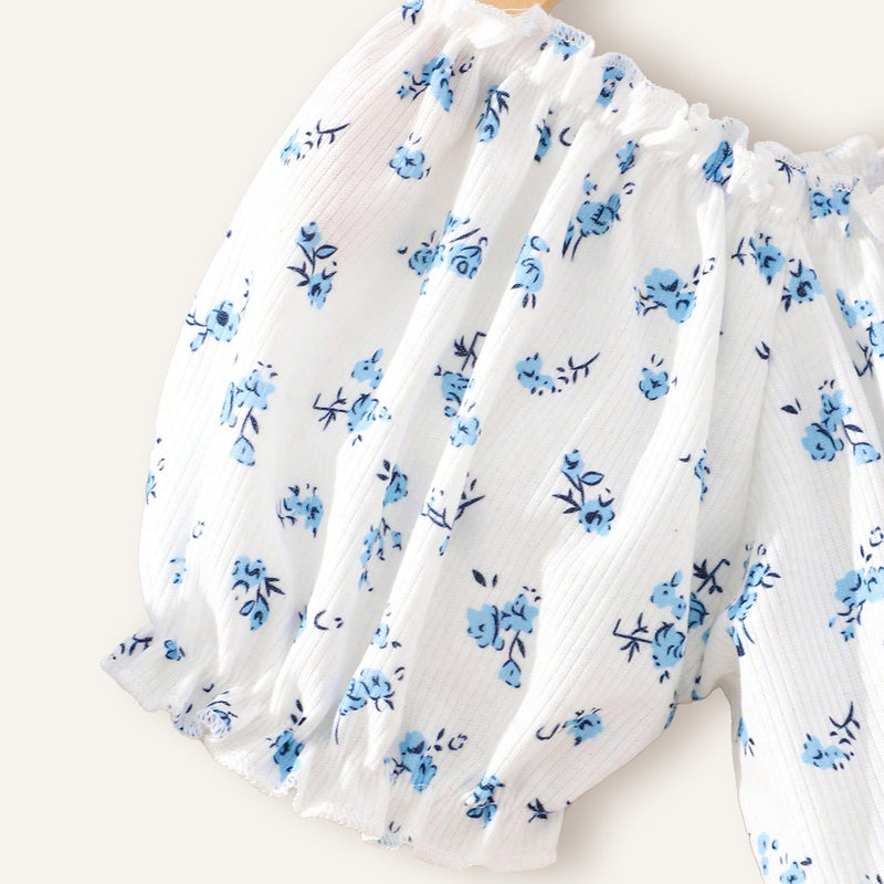 Girls White Floral Printed Raglan Sleeves Top Tops