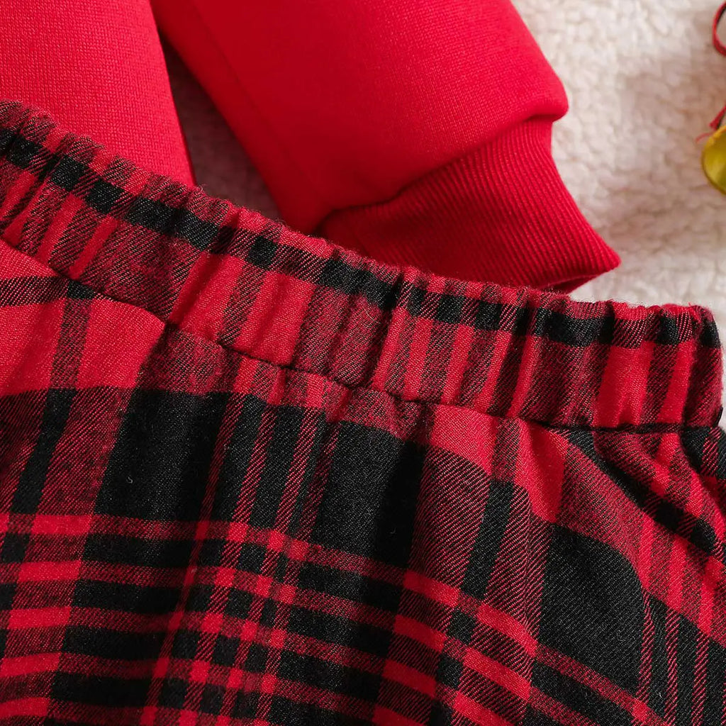 Girls Red Typographic Printed Sweatshirt With Diagonal Checked Skirt Sets 2 pc. Sets