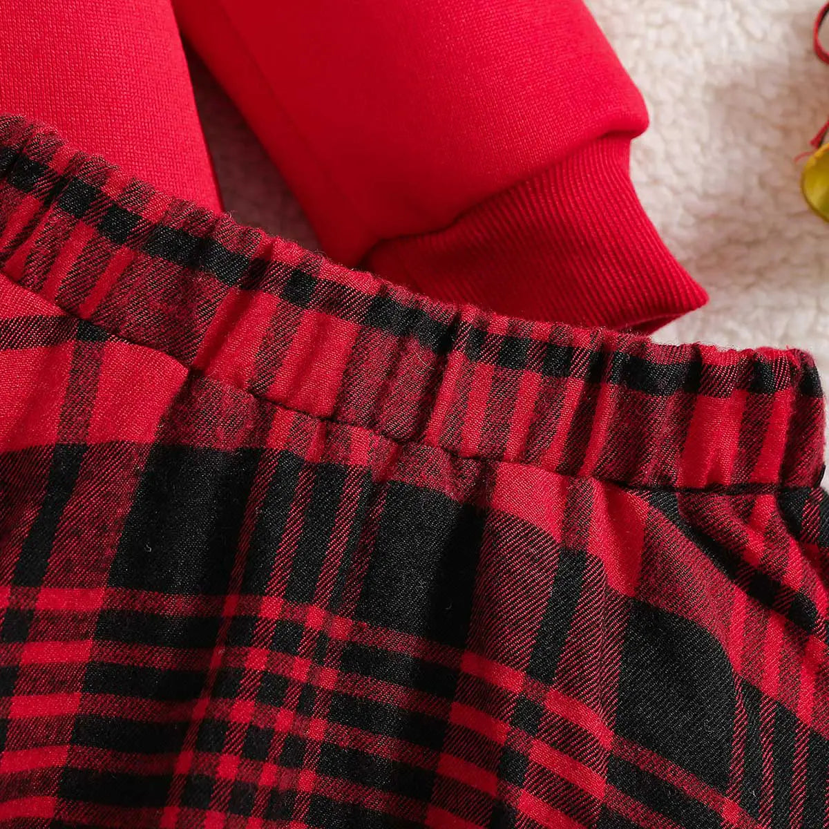 Girls Red Typographic Printed Sweatshirt With Diagonal Checked Skirt Sets 2 pc. Sets