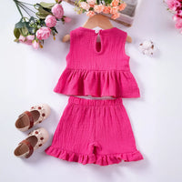 Girls Fuchsia Textured Bow Applique Peplum Top With Shorts Co-ord Sets Sets