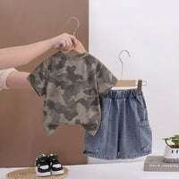 Boys Olive Green Camouflage Printed Round Neck T-Shirt With Denim Shorts Sets 2 pc. Sets