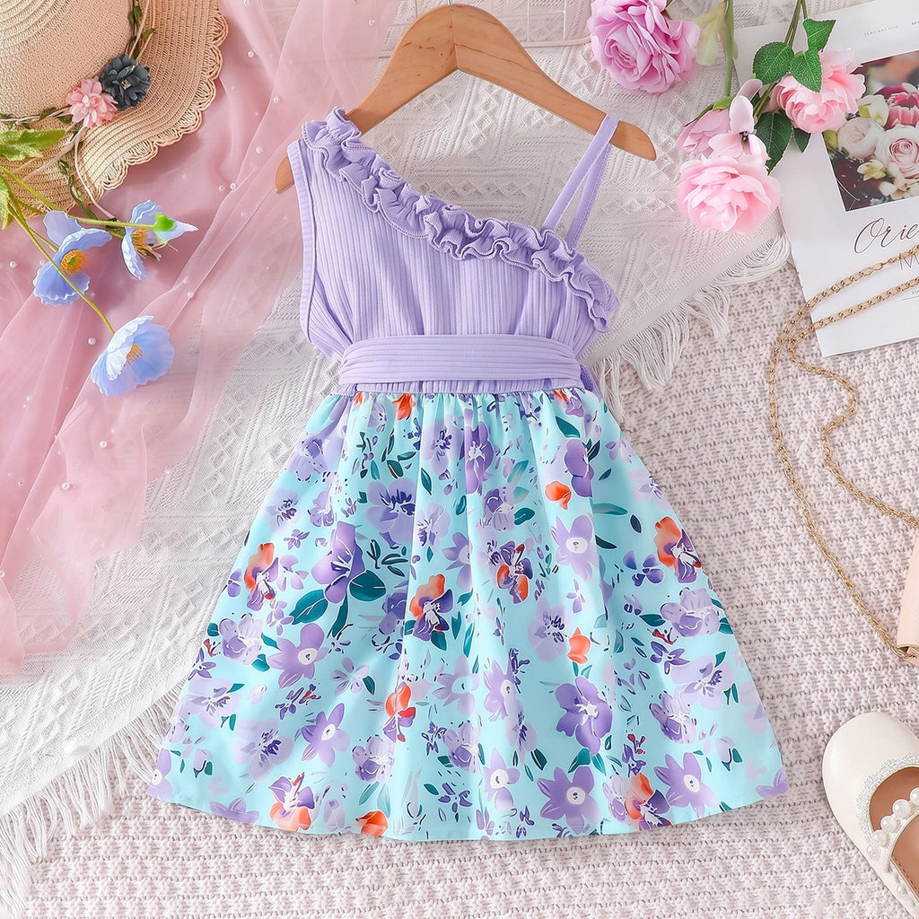 Girls Purple Floral Print One Shoulder Fit & Flare Dress Casual Dresses