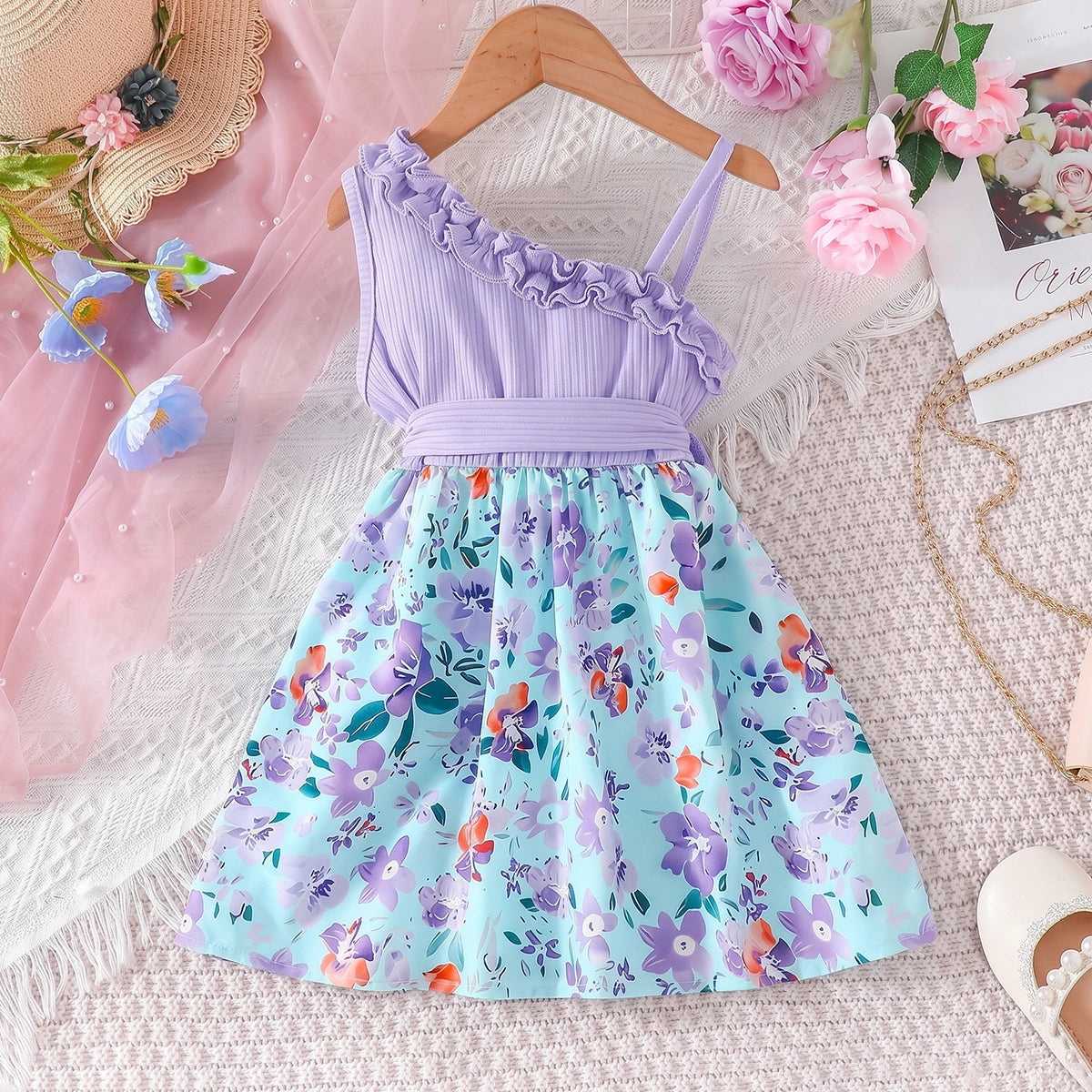 Girls Purple Floral Print One Shoulder Fit & Flare Dress Casual Dresses