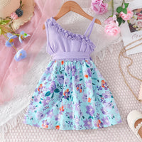 Girls Purple Floral Print One Shoulder Fit & Flare Dress Casual Dresses