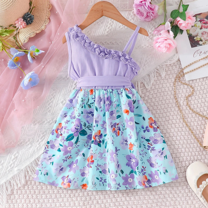 Girls Purple Floral Print One Shoulder Fit & Flare Dress Casual Dresses