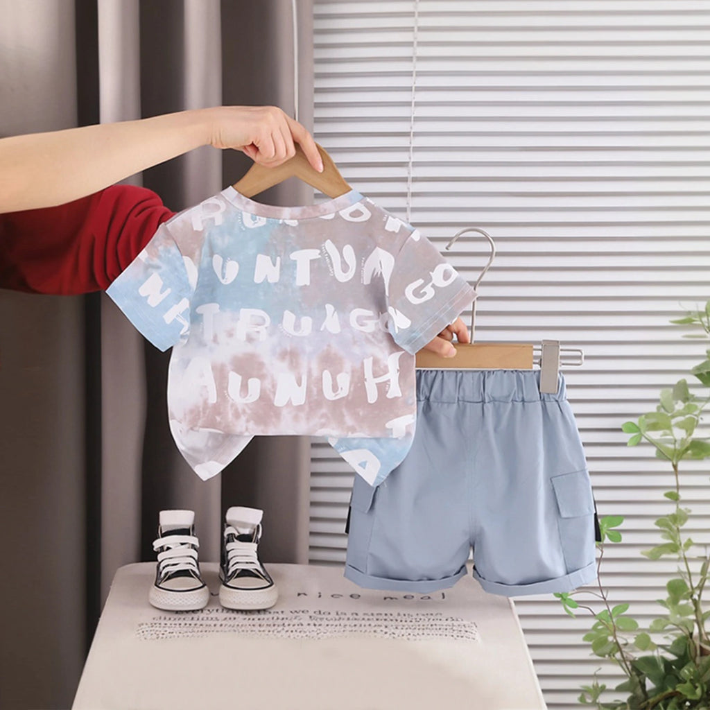 Boys Light Blue Typographic Printed Short Sleeve T-Shirt With Elasticated Shorts Sets 2 pc. Sets