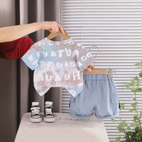 Boys Light Blue Typographic Printed Short Sleeve T-Shirt With Elasticated Shorts Sets 2 pc. Sets