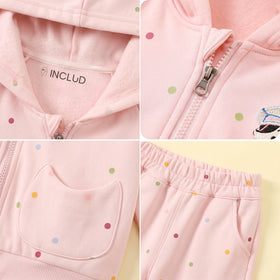 Girls Light Pink Polka Dot Print Hooded Jacket With Pants Sets 2 pc. Sets