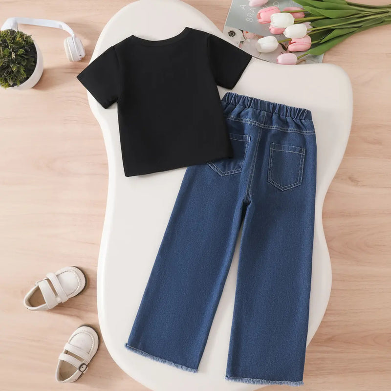 Girls Black Graphics Short Sleeves T-Shirt With Denim Pants Set Sets