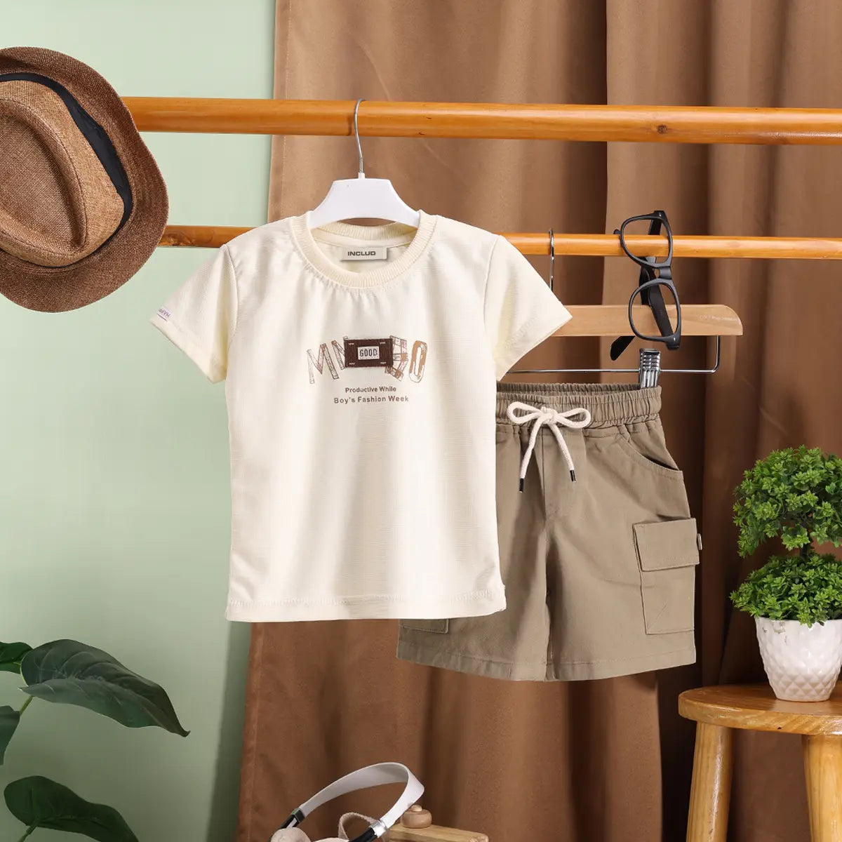 Boys Apricot Typographic Printed T-Shirt With Cargo Shorts Sets Sets Apricot 0-1 Y
