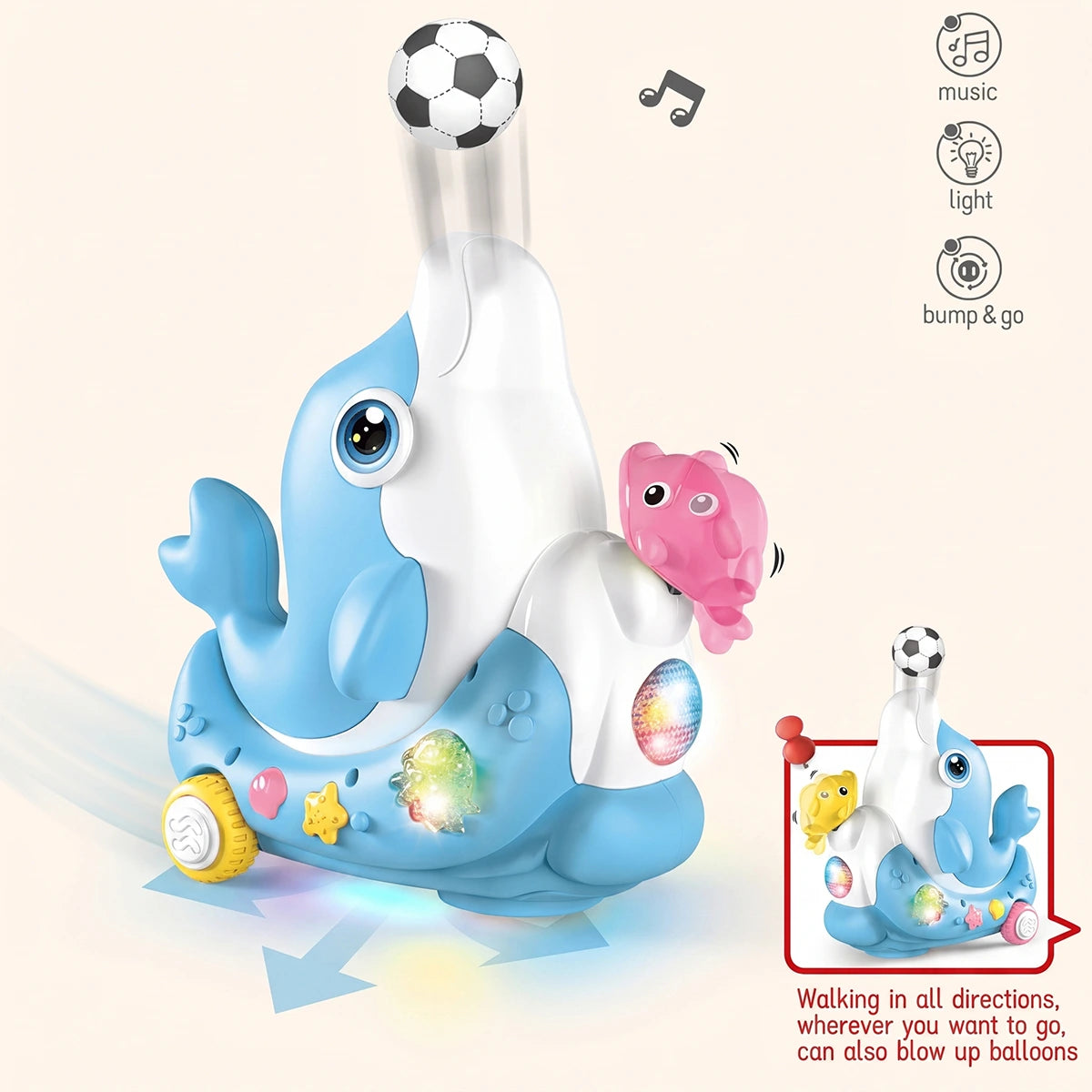 A blue dolphin-shaped musical toy that blows air to float a small soccer ball